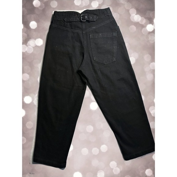 ZARA Black Denim Cropped Wide Leg Jeans Front Zip Belted Waist - Picture 2 of 5